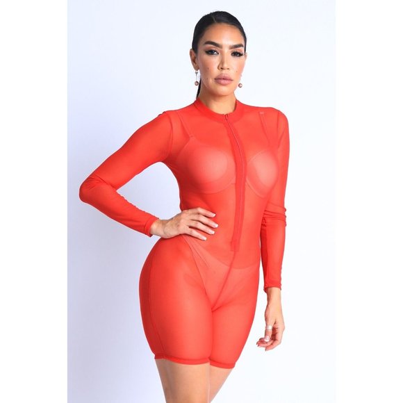 Women Sexy See Through Sheer Mesh Zip Up Bodysuit Jumpsuit Club Party Romper - Picture 4 of 10
